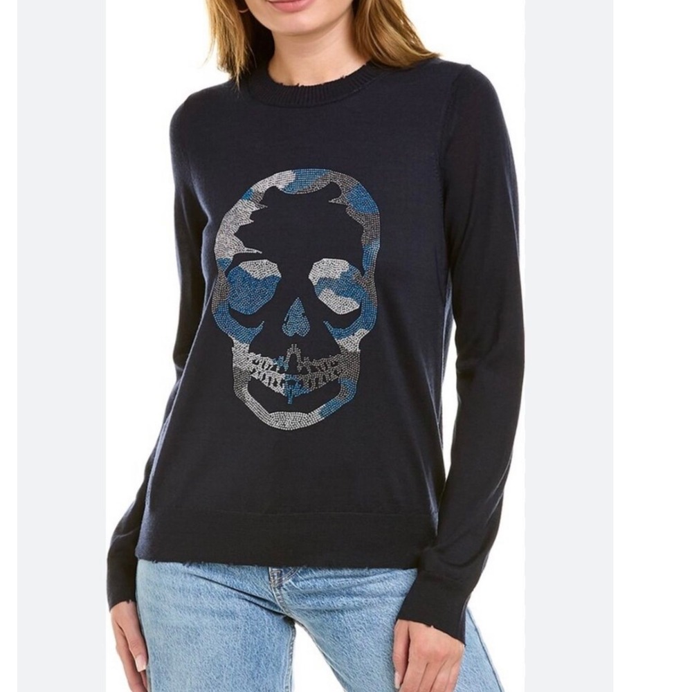 Zadig & Voltaire Miss Camo Skull Strass Merino Wool Sweater Blue Medium Bling